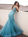 Turquoise See Through V Neck Mermaid Long Evening Prom Dresses, 17543