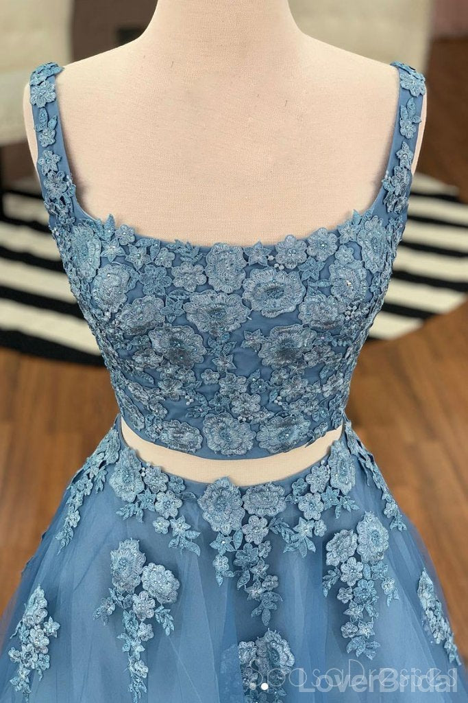 Two Piece Blue Lace Square Long Evening Prom Dresses, Cheap Party Custom Prom Dresses, 18630