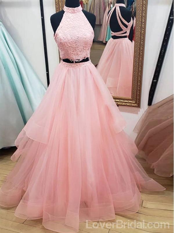 Two Pieces Blush Pink Lace Long Evening Prom Dresses, Cheap Custom Party Prom Dresses, 18609
