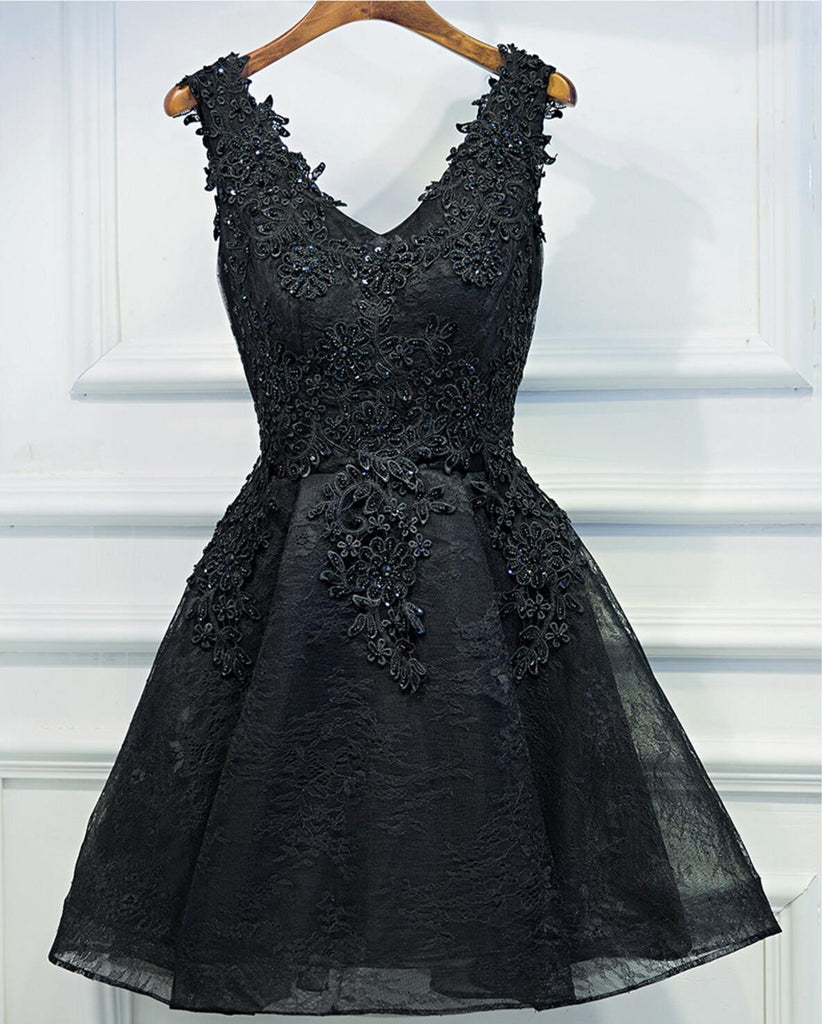 Two Straps Black Lace Heavily Beaded Homecoming Prom Dresses, Affordable Short Party Prom Dresses, Perfect Homecoming Dresses, CM264
