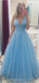 V Neck Beaded A-line Tulle Cheap Long Evening Prom Dresses, Custom Sweet16 Dresses, 18408