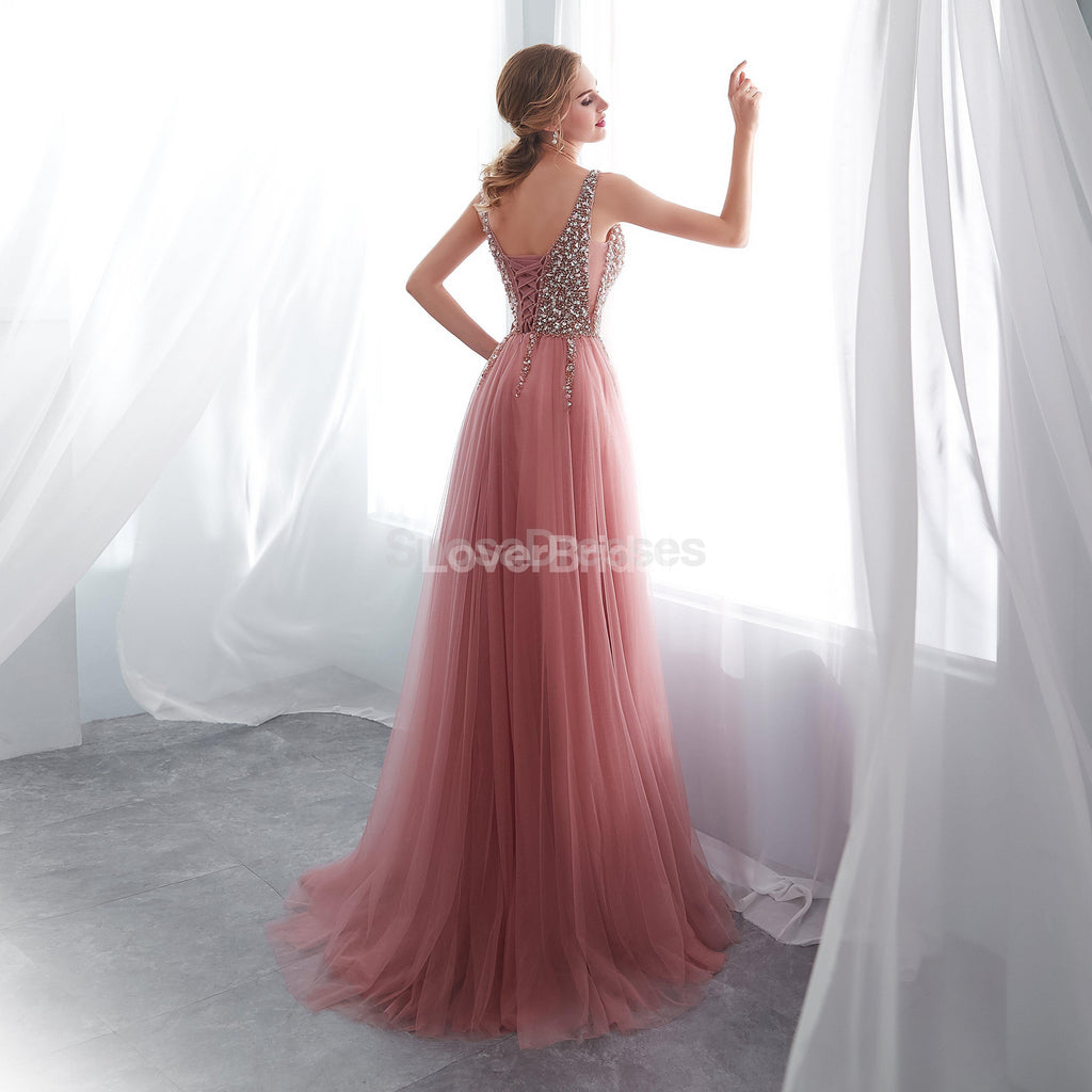 V Neck Lace Beaded Peach Evening Prom Dresses, Evening Party Prom Dresses, 12022