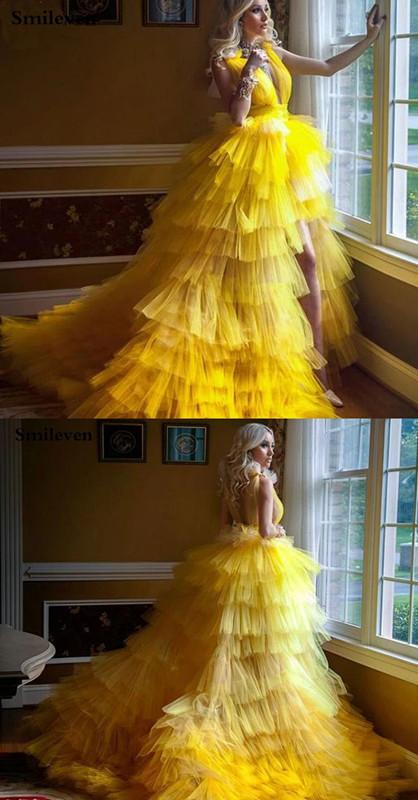 Yellow A-line V-neck Cheap Long Prom Dresses Online,Dance Dresses,12391